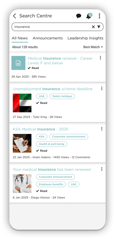 Search bar interface on the Alshaya employee intranet